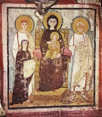Roma, Catacombe di Commodilla affresco di Turtura 530 ca: Madre di Dio con il Bambino, i santi Felice, Adautto e la vedova Turtura